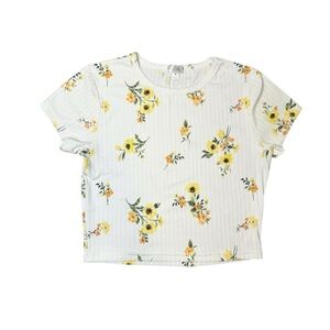 Yellow Floral White Ribbed Cropped Tee Shirt